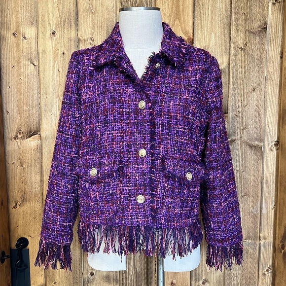 NWT Chicos 1 Medium Purple Fringe Blazer jacket Metallic Tweed Office Corpcore - Picture 4 of 13